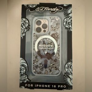 Ed Hardy Blue & clear iPhone 16 pro Case w/ Black & white Tattoo Skull Pattern